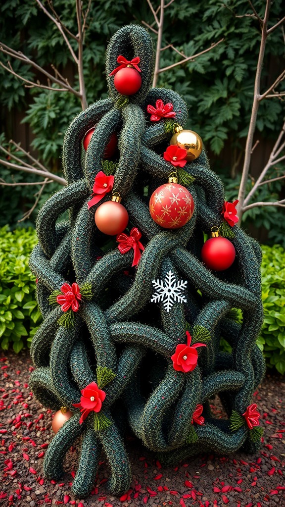 A uniquely shaped Christmas tree made of twisted green material adorned with red and gold ornaments.