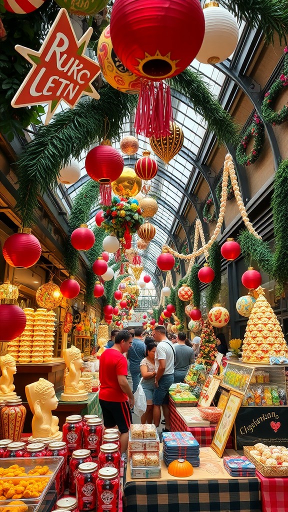 A vibrant holiday market with colorful lanterns, fresh fruits, and festive decorations.