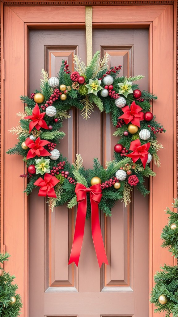 A colorful homemade holiday wreath with red bows, ornaments, and greenery on a door.