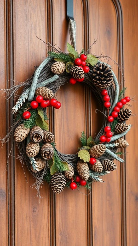 A natural wreath made from pine cones and red berries hanging on a wooden door.