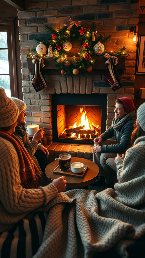 Two friends enjoying warm drinks by a cozy fireplace decorated for winter.