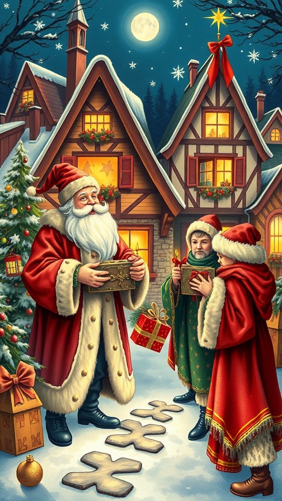 A festive Christmas scene featuring Santa Claus, two children, and cozy snow-covered homes.