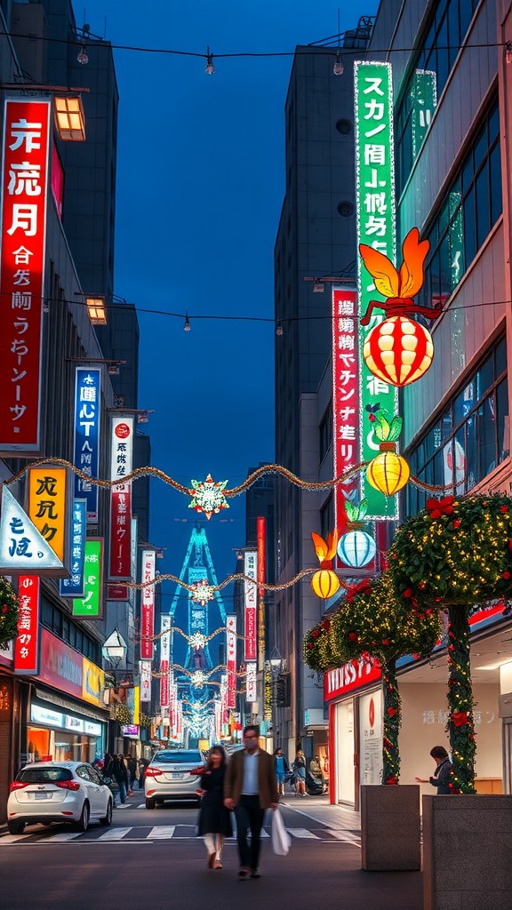 A vibrant street scene at dusk, filled with colorful signs and festive decorations, showcasing city life.