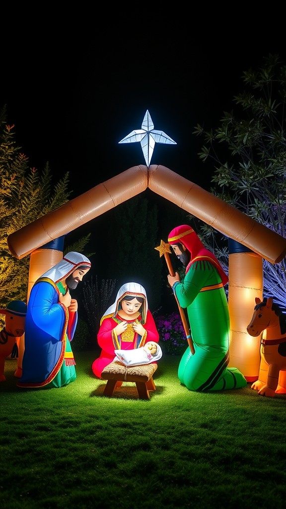 Brightly lit inflatable Nativity scene with Mary, Joseph, and baby Jesus under a stable at night.