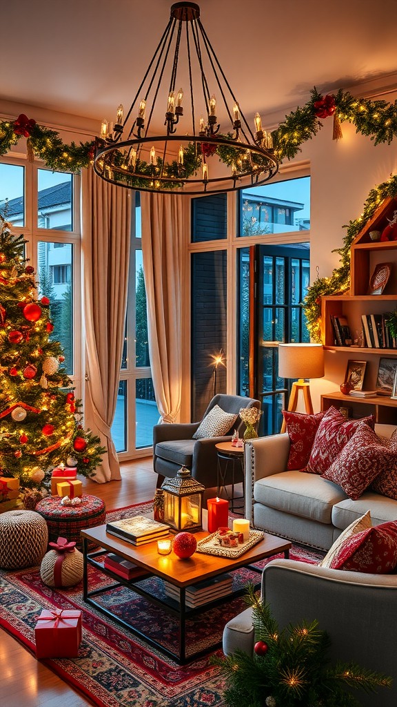 Cozy living room decorated for the holidays with a Christmas tree, candles, and festive decor.