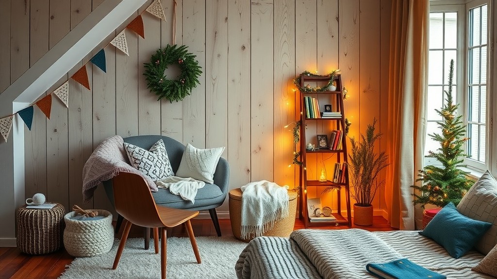 Cozy reading nook with a chair, bookshelf, and warm lighting