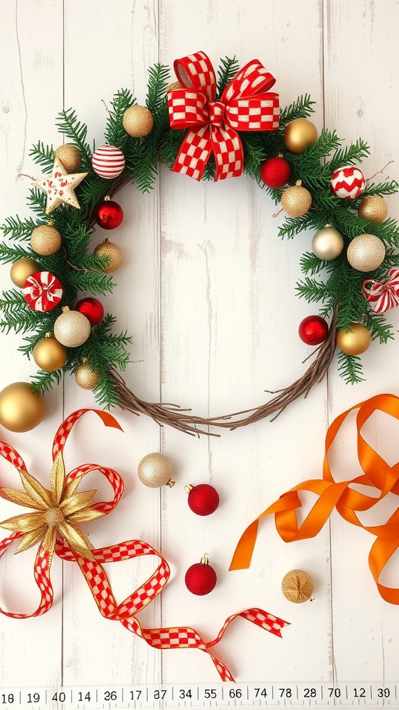 A decorative Christmas wreath with red and gold ornaments, a checked bow, and additional ribbons.