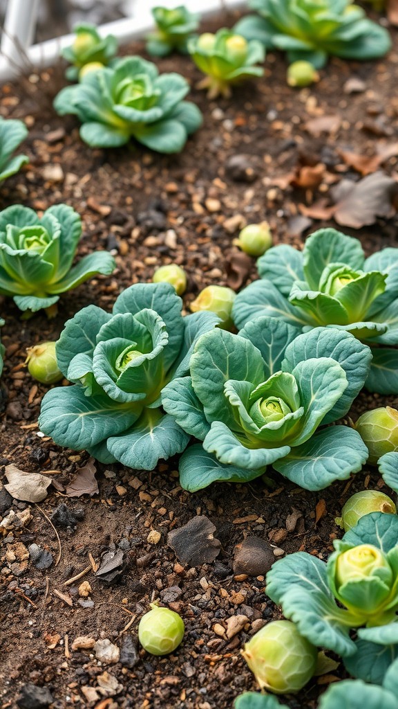 Cabbage and Brussels sprouts growing in a winter garden