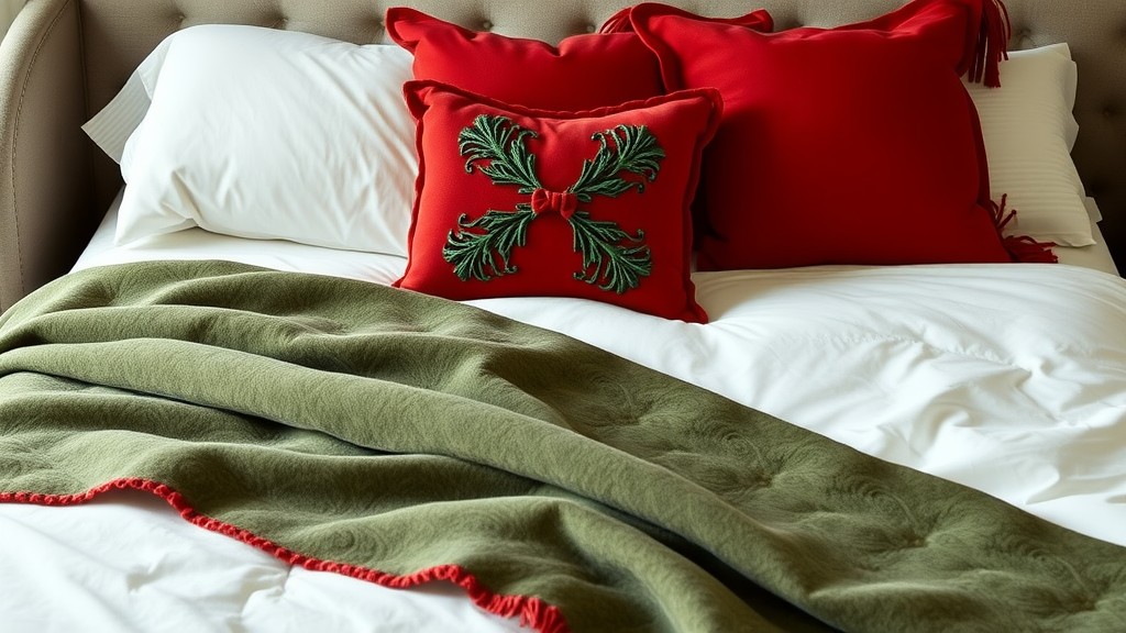 A cozy bed adorned with red festive pillows and a green blanket, creating a warm and inviting atmosphere.