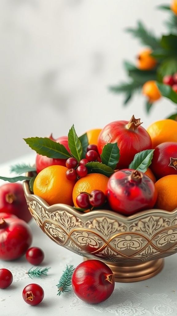 A decorative bowl filled with pomegranates, oranges, and berries surrounded by green leaves, set on a white tablecloth.