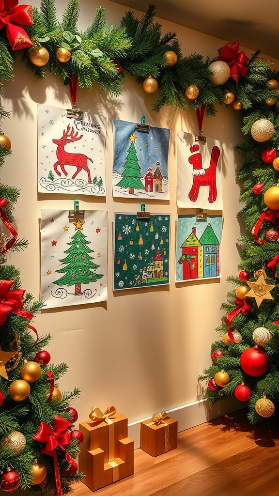 Kids' artwork displayed as holiday decorations with a festive garland.