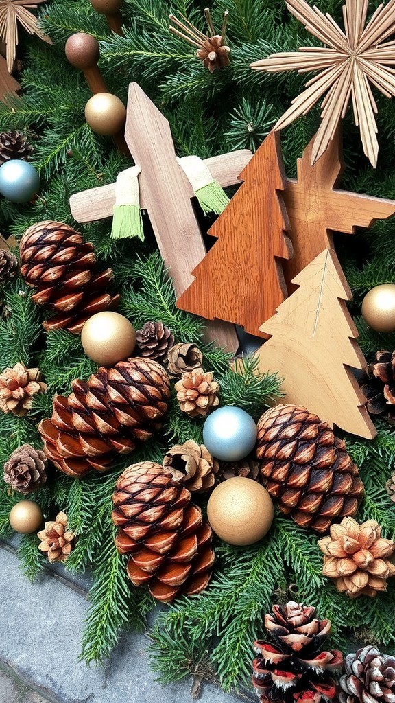 Natural elements in holiday decor including pinecones, wooden trees, and ornaments surrounded by greenery.