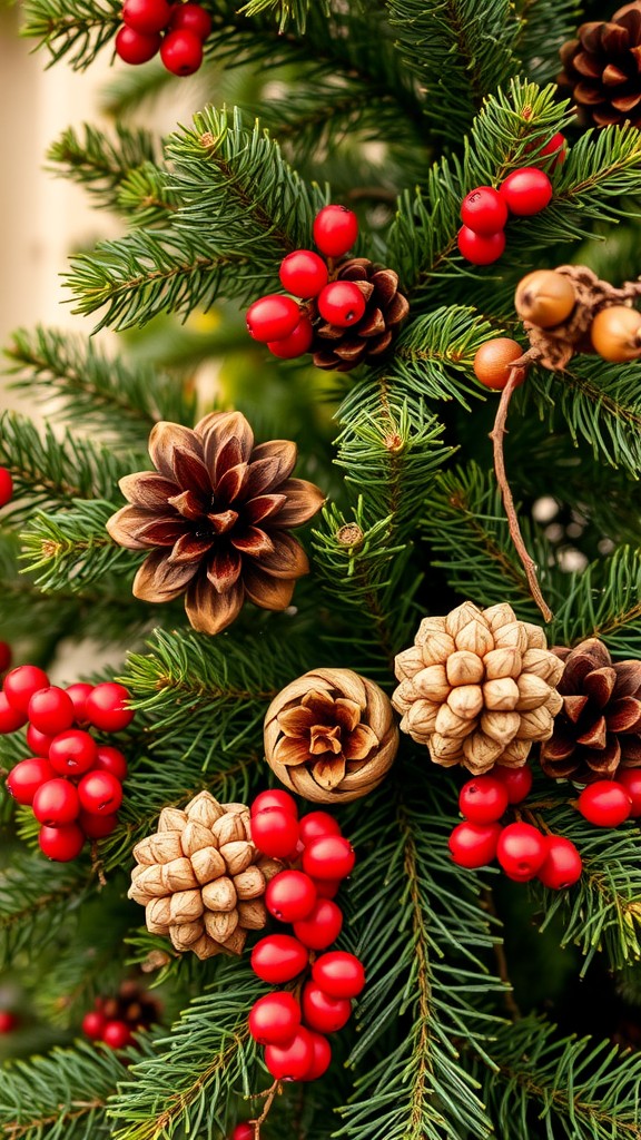 Close-up of a decorated evergreen tree with pinecones and red berries.