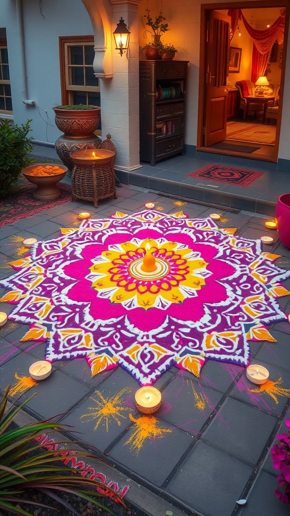 A vibrant Rangoli design with pink and yellow patterns, surrounded by diyas, during Diwali celebrations.