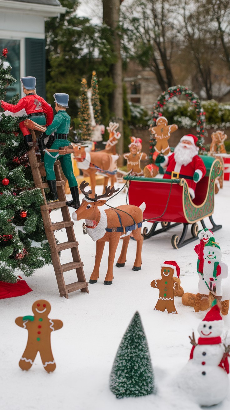 A festive outdoor display featuring Santa, soldiers decorating a tree, a reindeer, gingerbread men, and snowmen in a snowy setting.