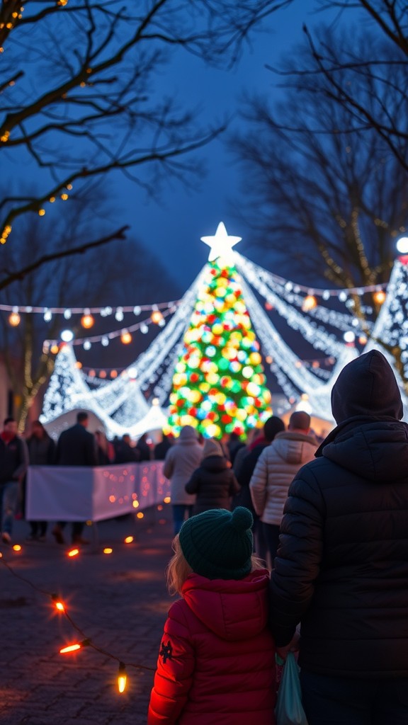 A group of people, including a woman and children, enjoying an interactive light display with colorful trees and bright decorations during the night.