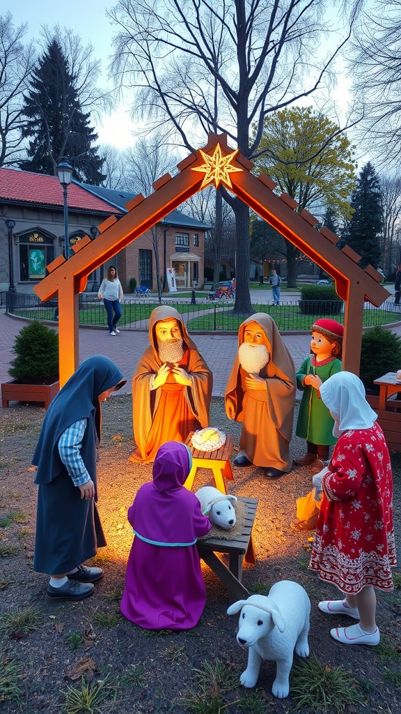 Interactive nativity scene with children and colorful figures in a park.