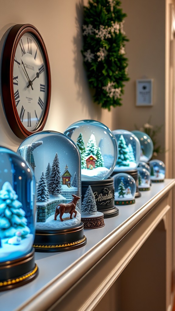 A collection of beautifully detailed snow globes displayed on a shelf, featuring winter scenes with trees, houses, and animals.