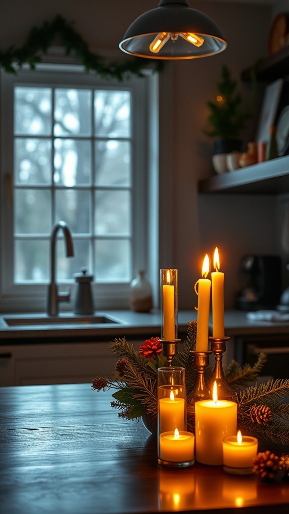 A cozy kitchen table decorated with various candles, fresh greenery, and a flower, creating a warm and inviting atmosphere.