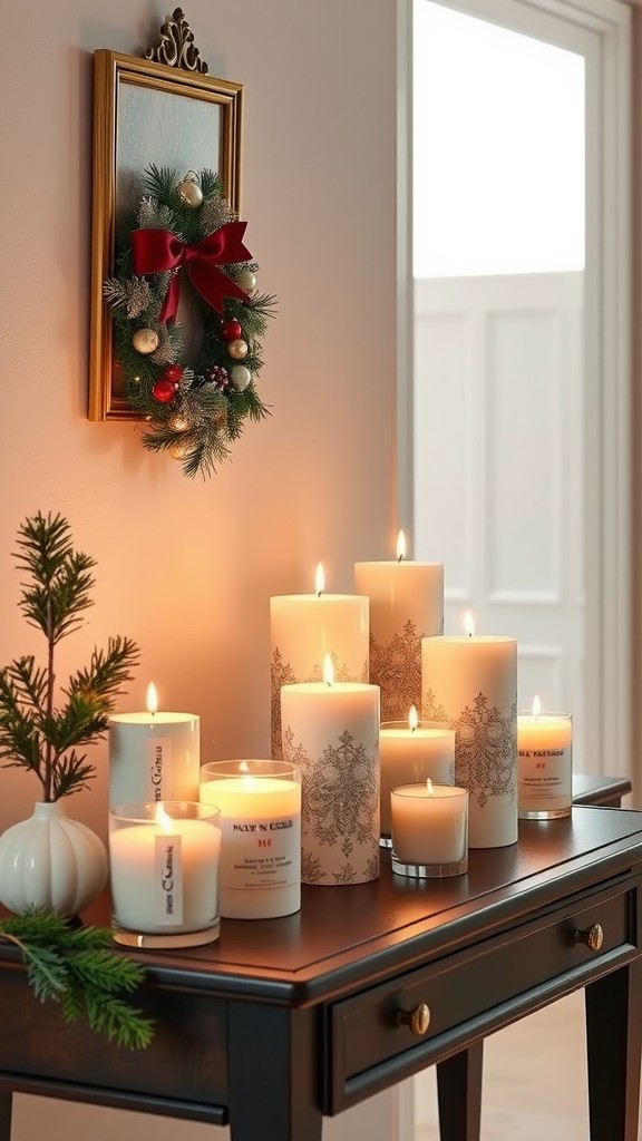 A beautifully arranged display of scented candles on a table, complemented by a wreath on the wall and a small plant.