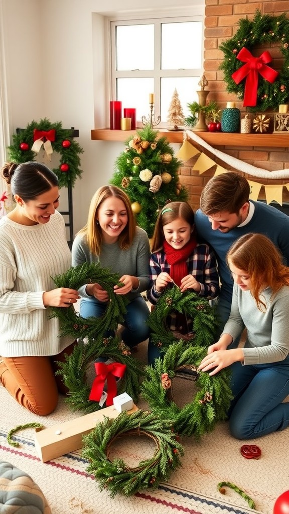 A group of three people happily creating wreaths together, surrounded by crafting materials and festive decorations.