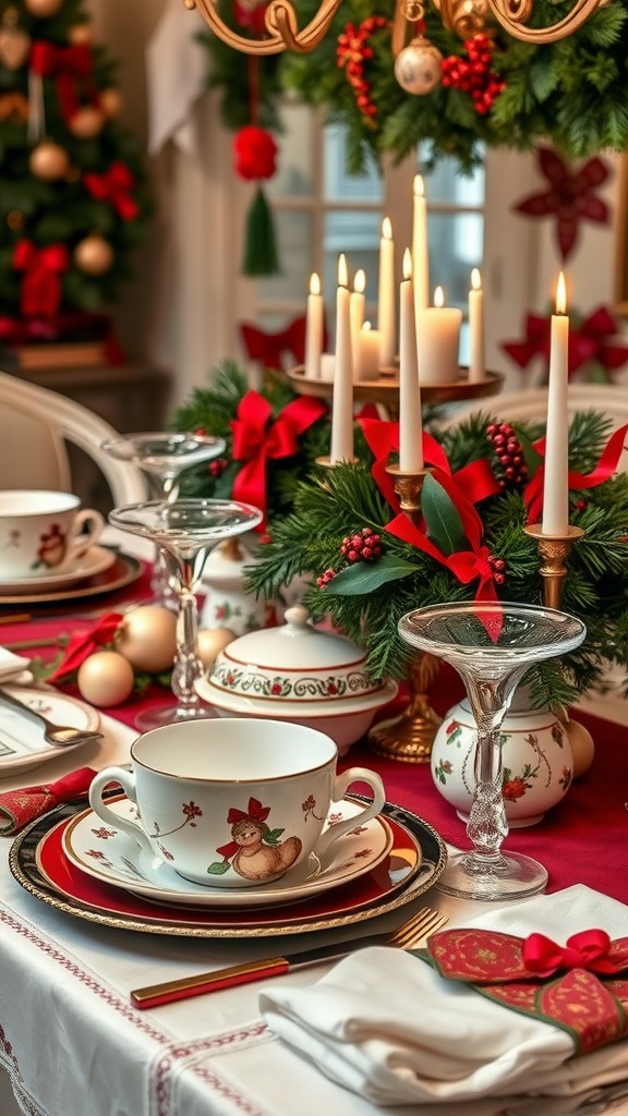 Italian Natale table setting with candles, greenery, and festive decorations