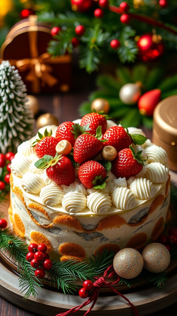 A beautifully decorated Japanese Christmas cake topped with strawberries and cream, surrounded by festive decor.