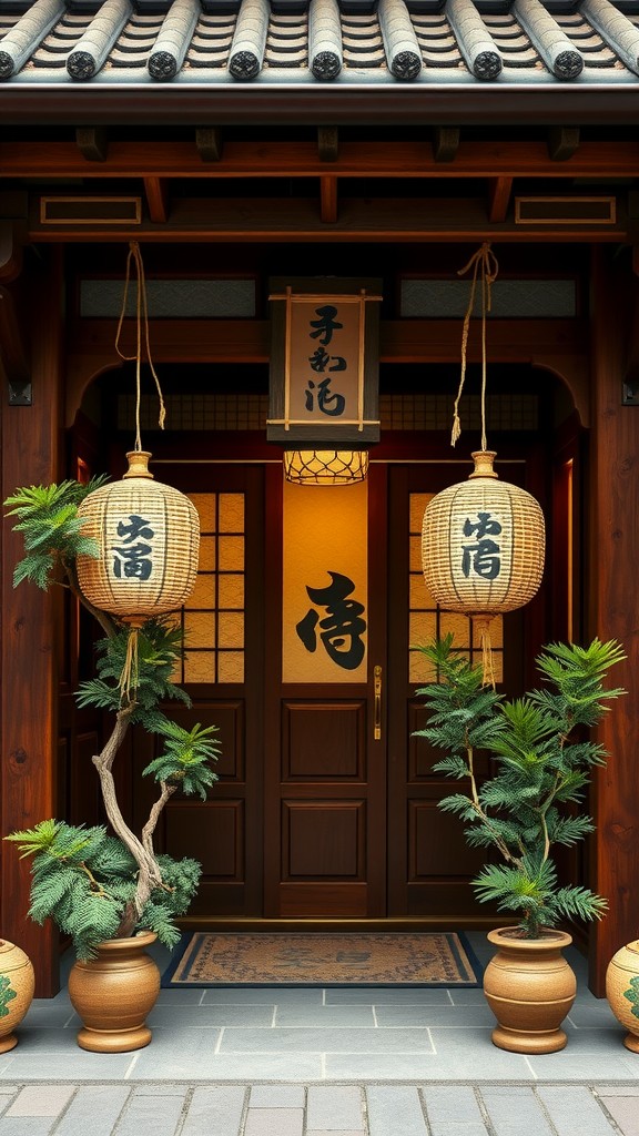 Traditional Japanese entrance decorated with kadomatsu for New Year celebrations