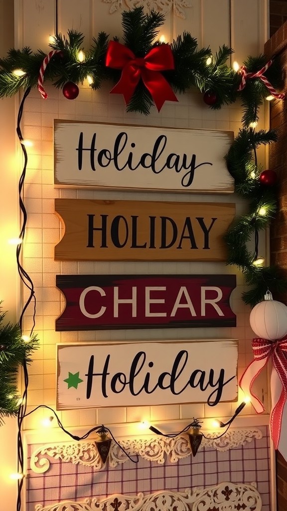 Three festive holiday signs with the phrases 'Herry Holidays', 'Went ore holidays', and 'Christmas', surrounded by greenery and lights.