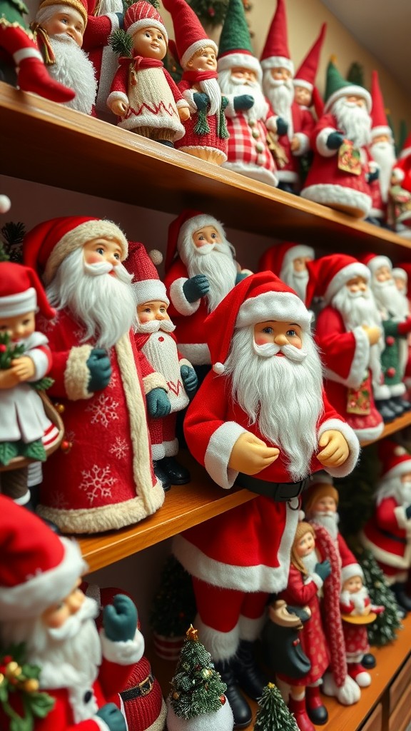 A collection of joyful Santa figurines in various designs and styles on display.