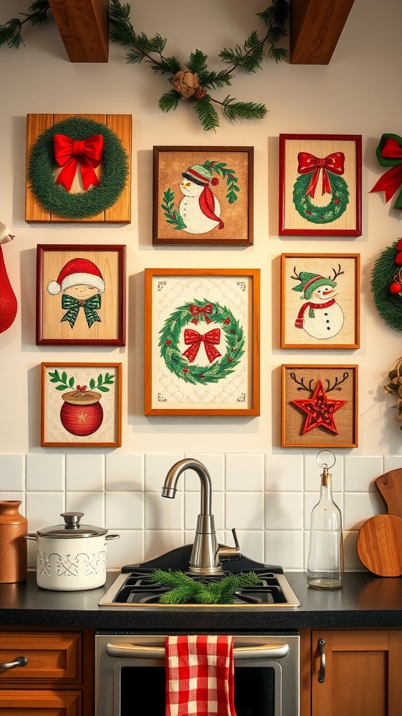 Festive wall art in a kitchen with holiday themes and decorations.