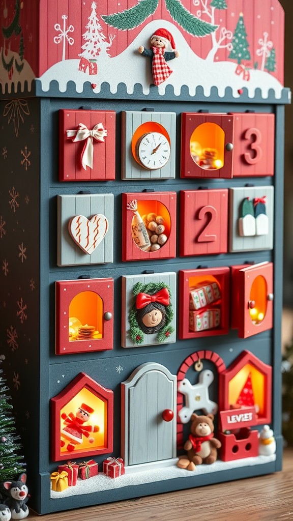 A colorful Christmas advent calendar with small doors, decorations, and festive elements.