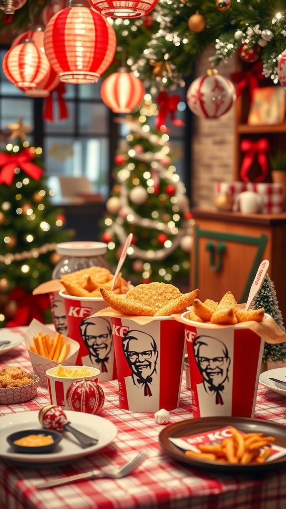 A festive table decorated for Christmas featuring KFC boxes filled with chicken, surrounded by holiday decorations.