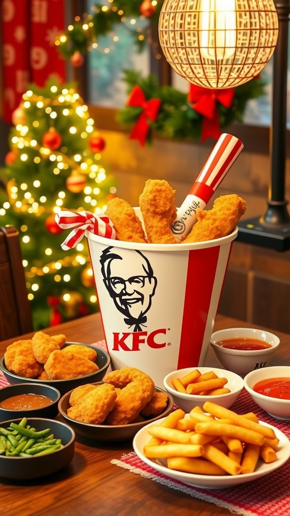 A festive KFC dinner spread featuring a bucket of chicken, sides of fries, green beans, and dipping sauces, with Christmas decorations in the background.