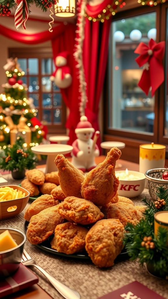 Festively decorated table with KFC fried chicken, Christmas tree, and holiday decorations