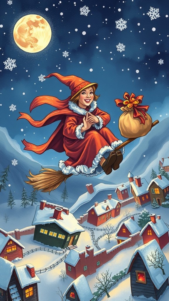 La Befana flying on a broomstick, smiling with a gift bag, under a full moon and snowflakes