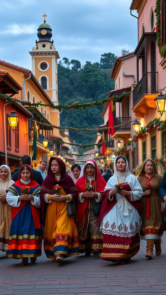 Women in traditional attire walking down a decorated street during Las Posadas