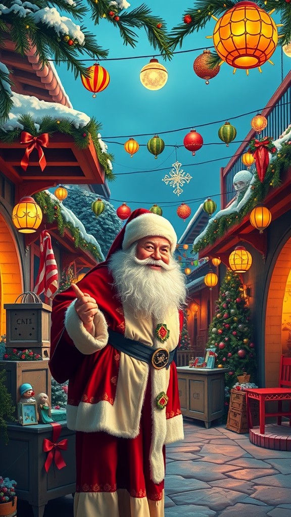 Festive scene featuring Papá Noel with colorful decorations and lights