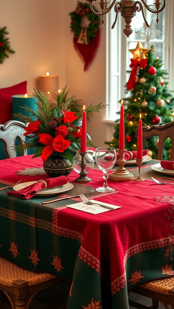 A beautifully set dining table with a red tablecloth, candles, and a floral centerpiece, decorated for the holidays.