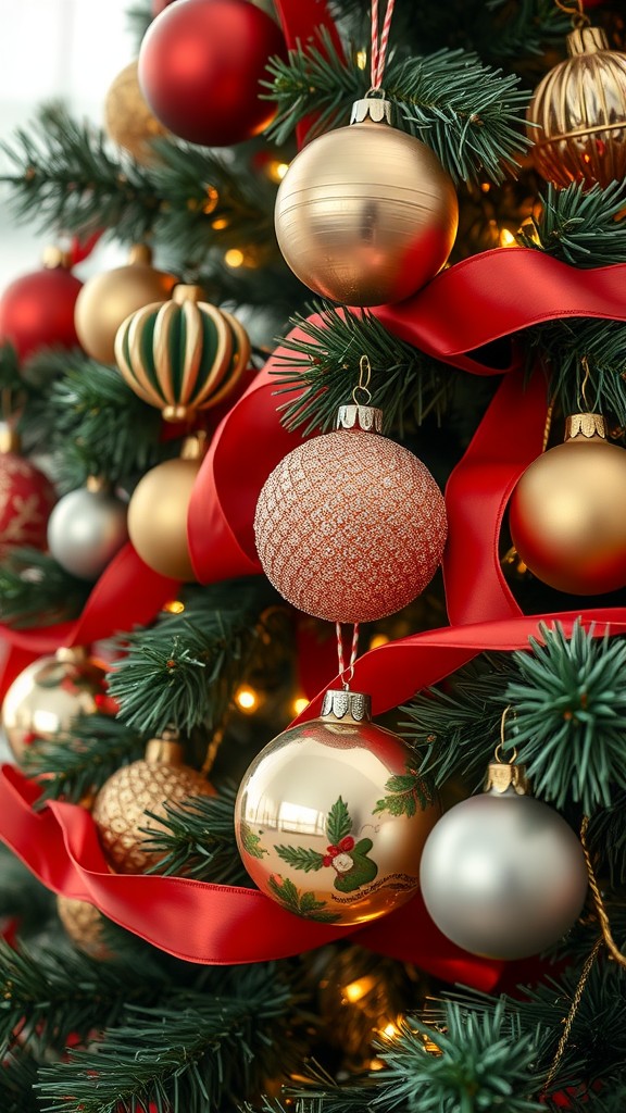 Close-up of a beautifully decorated Christmas tree with ornaments and ribbons.