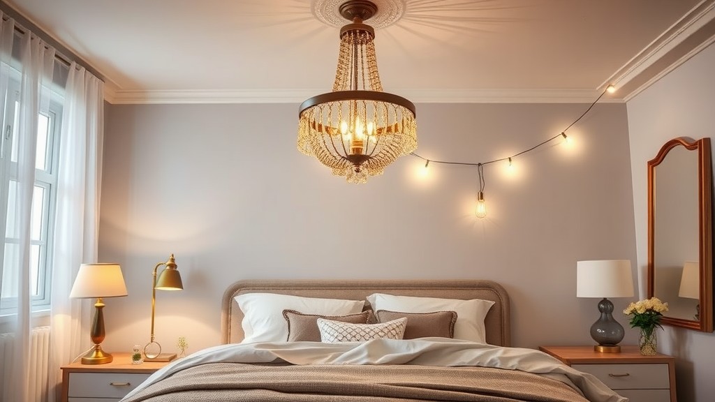 A warm and inviting bedroom with layered lighting including a chandelier, bedside lamps, and string lights.