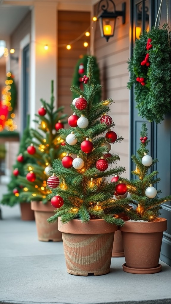 Potted Christmas trees decorated with red and white ornaments and warm lights on a porch.