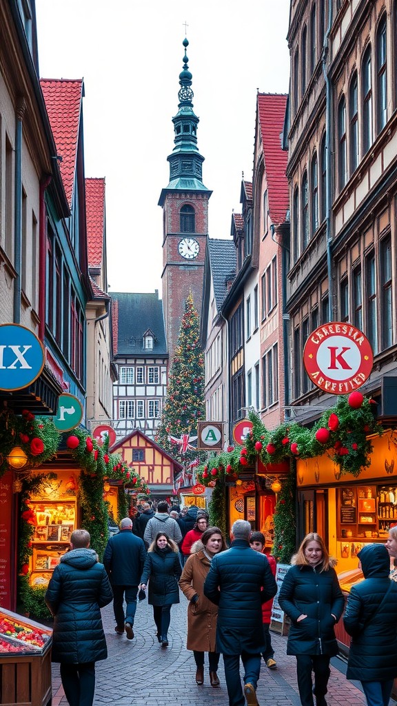 A busy street in Strasbourg Christmas Market with stalls and a large Christmas tree in the background.