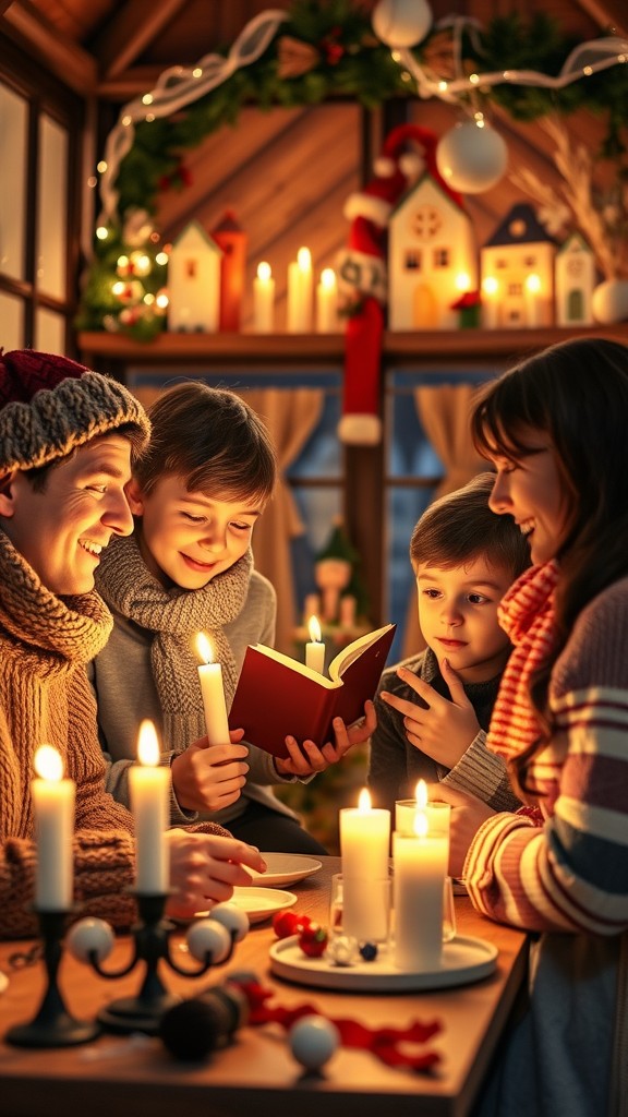 A family joyfully reading during a cozy Christmas gathering with candles and festive decorations.