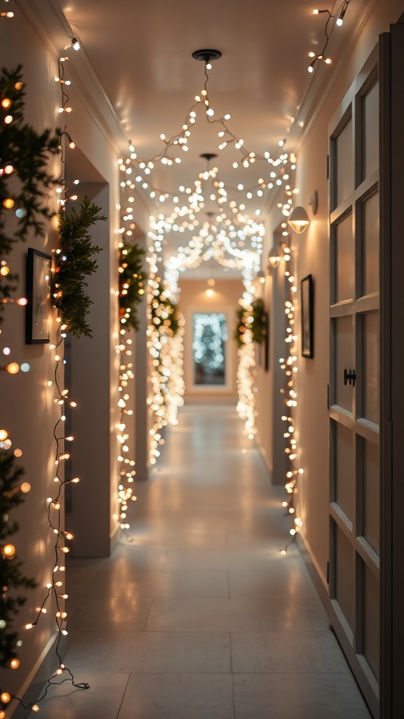 A well-lit corridor decorated with fairy lights and greenery on the walls.