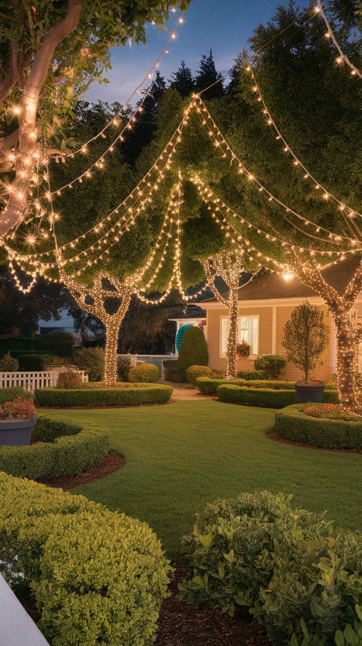 A garden with trees draped in twinkling lights creating a cozy atmosphere