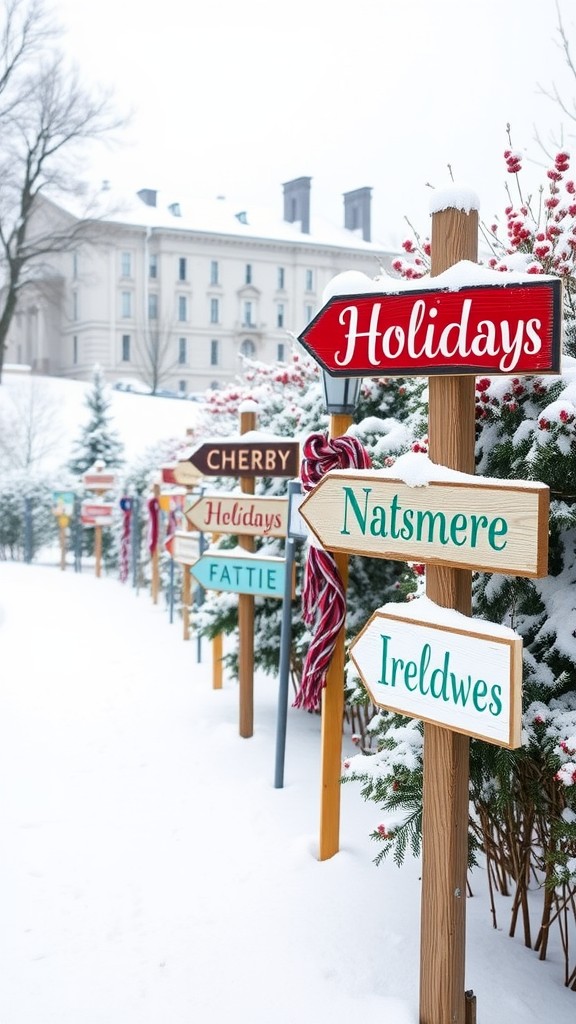 Festive wooden signs with holiday messages in a snowy landscape