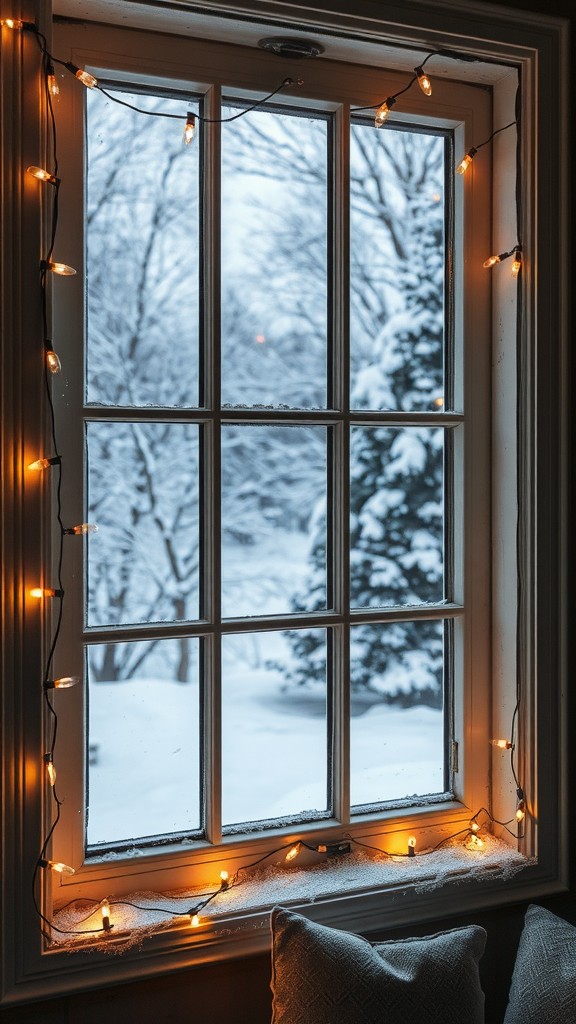 A cozy window view with snow outside and warm lights decorating the frame.