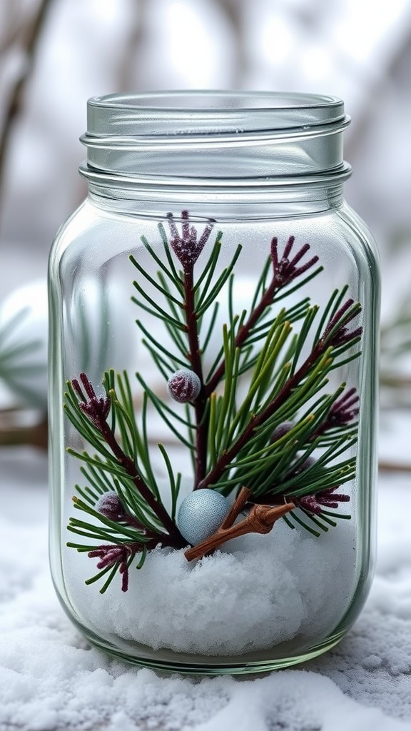 Mason jar snow globe with a pine branch and pine cones on a snowy background