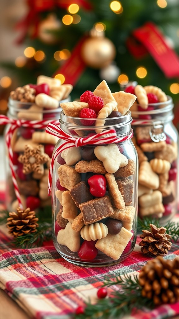 Mason jars filled with assorted holiday treats, decorated with ribbons, placed on a festive table.